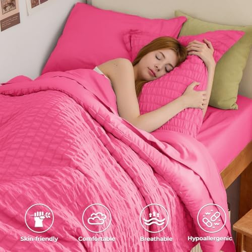 HYMOKEGE Hot Pink Twin XL Comforter Set Seersucker 5 Pieces, All Season Luxury Bed in a Bag for Bedroom, Bedding Set with Comforter, Sheets, Pillowcase & Sham
