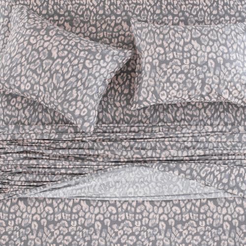 DAUAOTO King Size Printed Sheets Set, 100% Cotton Bedding Sets, Up to 14" Deep Mattress, Modern Pattern Bedlinen Set, Leopard Gray