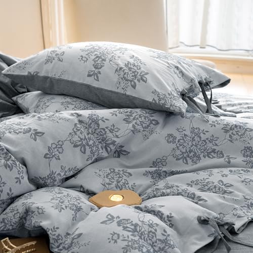 VM VOUGEMARKET Duvet Cover Set King Size Linen Cotton Yarn-Dyed Duvet Cover,Jacquard Garden Floral Pattern Monet Style 3Pieces Bedding Set,Navy Blue