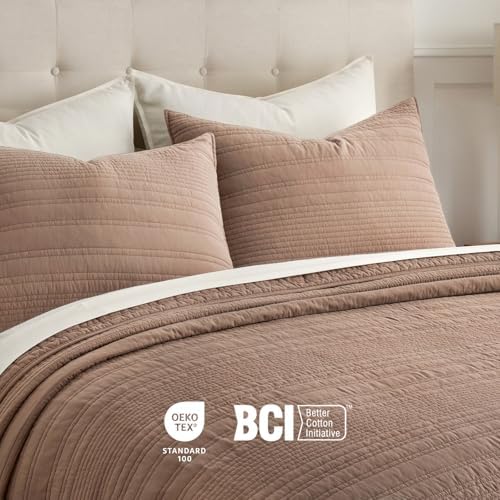 EVERGRACEHOME 100% Cotton Modern Lines Quilt Set King Size, Rose Dust