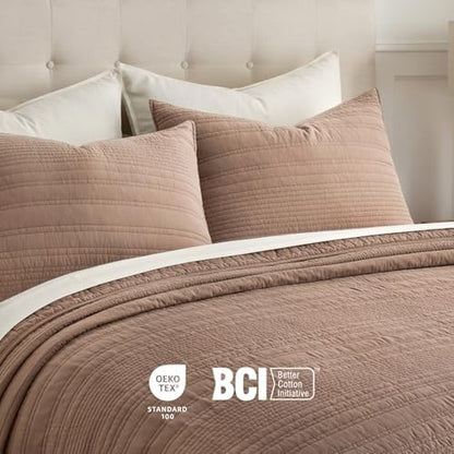 EVERGRACEHOME 100% Cotton Modern Lines Quilt Set King Size, Rose Dust