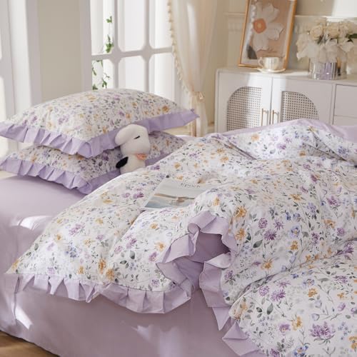 mixinni Floral Duvet Cover Set Full Size, 100% Cotton 3-Piece Bedding Set with Ruffled Lace, Reversible Lavender Wildflower Ruffle Design, Soft Aesthetic Cottagecore Duvet Cover with Zipper Closure
