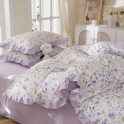 mixinni Floral Duvet Cover Set Queen Size, 100% Cotton 3-Piece Bedding Set with Ruffled Lace, Reversible Lavender Wildflower Ruffle Design, Soft Aesthetic Cottagecore Duvet Cover with Zipper Closure