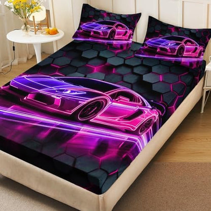 HOSIMA Race Car Fitted Sheet Queen for Boys,1 Fitted Sheet+2 Pillowcases.