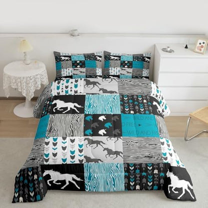 Horse Comforter Set Queen Size Patchwork Teal Unicorn Bedding Set For Kids Boys Girls Black Gray Wild Horses Wood Grain Down Comforter Geometric Lattice Arrow Grid Animal Room Decor Duvet Set