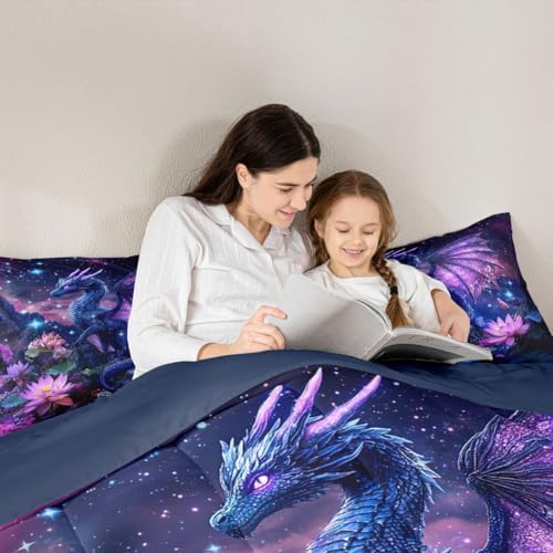 Feelyou Dragon Comforter Set Full Size Dragon Stuff Bedding Set for Kids Boys Girls Wild Life Duvet Quilt Magic Wildlife Bedroom Decor Dull Purple Microfiber 3 Pcs with 2 Pillow Cases