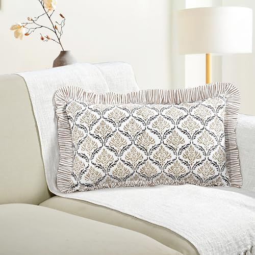 CPC Block Print Sandstone Regal Ruffle Cotton Lumbar Pillow Cover 12x20 inch