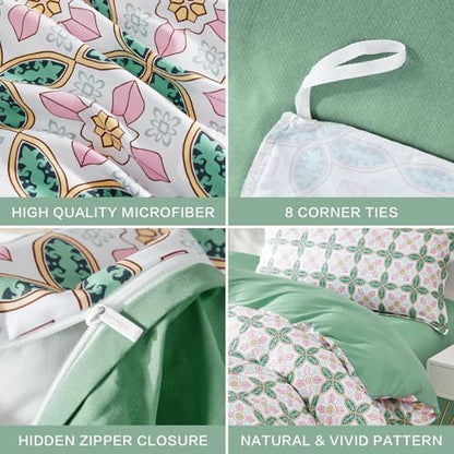 SAPHREAS Full Boho Duvet Cover Green Paisley Bedding Set with 8 Corner Ties and 2 Pillow Shams Microfiber Reversible Duvet Cover Set with Zipper Closure
