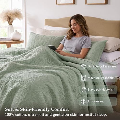 PALASSIO Sage Green Paisley 100% Cotton Quilt King Size Bedding Sets with 2 Pillow Shams, Boho Floral Lightweight Farmhouse Country Vintage Soft Bedspread Shabby Chic Coverlet for All Season, 3 Pieces