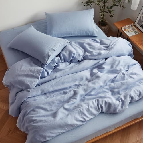 Sijo Stone Washed Organic French Linen Bed Sheet Set, GOTS Certified Organic, Best Cooling Linen Sheet Award by Sleep Foundation, 4 Piece - 2 Pillowcases, 1 Fitted and 1 Flat (Sky, Cal King)
