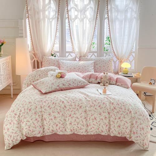 VM VOUGEMARKET Vintage Pink Floral Duvet Cover Queen Cotton Garden Flower Duvet Cover for Teen Girls Reversible Cute Pink White Bedding Set