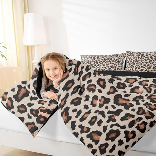 jejeloiu Leopard Bedding Set Soft for Boys Girls, Animal Skin Comforter Set Queen Size Animal Print Duvet Quilt Microfiber Bedroom Decor 3 Pcs with 2 Pillow Cases
