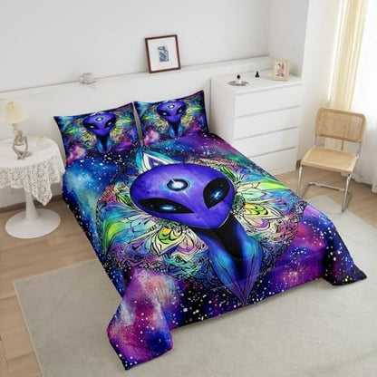 Erosebridal Trippy Alien Comforter Set King, Boho Tie Dye Bedding Sets for Kids Teens Adult Galaxy Outer Space Down Comforter Psychedelic Hippie Skull Duvet Sets 3 Pieces with 2 Pillow Cases
