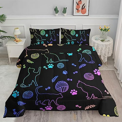 Axolotl Neon Cat Bedding Comforter Set King,Cartoon Cats Bedding Paw Ball of Yarn,Colorful Gradient Line Cats Kids Bed Set for Cat Lover Girls Boys Adults,Cartoon Animal Comforter with 2 Pillow Cases