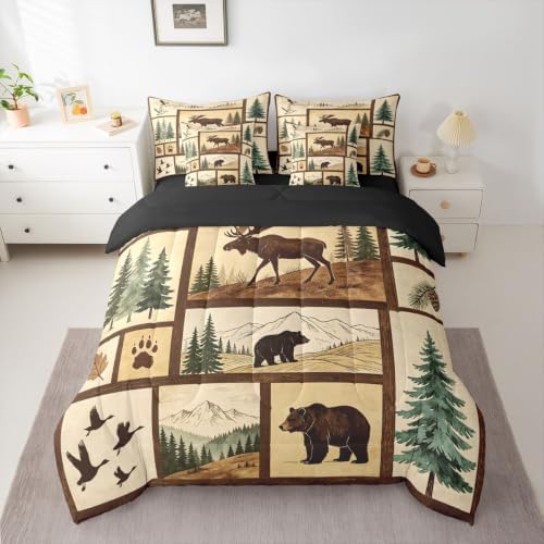 Erosebridal Rustic Bear Bedding Set Twin Duck Hunting 7 Pieces Comforter Set Farmhouse Deer Bed in a Bag with Sheets Elk Moose Forest Animal Bed Sets Brown Green Hunter Kids Adult Bedroom Decor