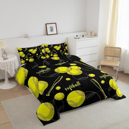 Castle Fairy White Softball Comforter Set,Yellow Softball Bat Bedding Set for Kids Girls Boys,Teens Adults Sports Softball Comforter,Ball Games Quilted Duvet Set Bedroom Collection Twin Size 2Pcs