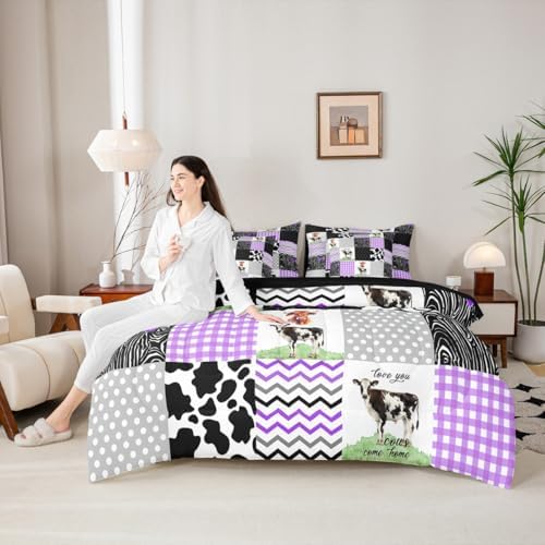 Erosebridal Kawaii Highland Cow 7 Pcs Comforter Set King Size,Cute Cattle Print Bedding,Farm Animals Bed Sheet with Pillowcase & Sham Honeycomb Plaid Pattern Geometric Stripes