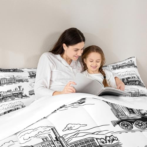 Manfei Train Comforter Set - Twin Size Retro Steam Locomotive Down Comforter with 1 Pillowcase - Vintage Train Bedding Set 2pcs for Kids Boys Adults Bedroom Decor - Lightweight Duvet Insert