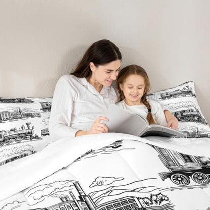 Manfei Train Comforter Set - Twin Size Retro Steam Locomotive Down Comforter with 1 Pillowcase - Vintage Train Bedding Set 2pcs for Kids Boys Adults Bedroom Decor - Lightweight Duvet Insert