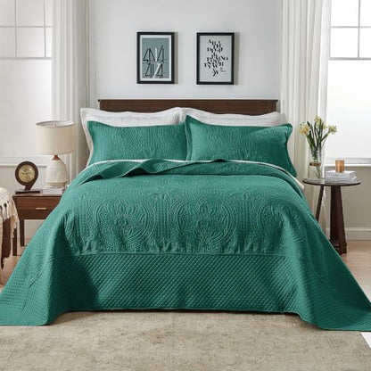 Qucover Queen Bedspread Medallion Pattern Quilt Bedding Set 3 Piece Teal