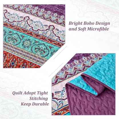 WONGS BEDDING Purple Quilt Queen Size, Boho Stripe Bedding Set, 96"x90"