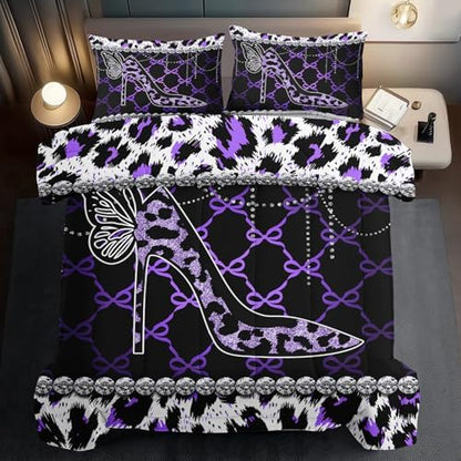 Purple Cheetah Print Comforter Set Twin Women Sexy High Heels Leopard Print Bedding Set Girls High Heels Leopard Comforter Quilt Animal Bedroom Decor Cheetah Bedding Bed Decor