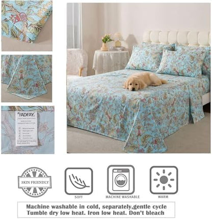 FADFAY Twin Sheet Set 4 Piece 100% Egyptian Cotton Bed Sheets Deep Pocket, Soft Breathable Vintage Blue French Country Bedding Shabby Cottagecore Floral Bedding Luxury Hotel Quality for All Seasons