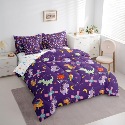 Feelyou Kids Cute Dinosaur 7 Piece Bedding Set King Size Solar System Comforter Set with Sheets for Boys Girls Moon Star Print Bed in a Bag Purple Bed Set