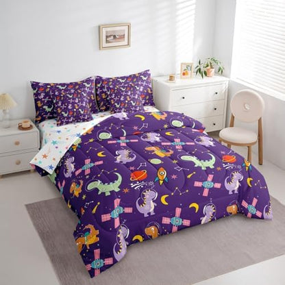 Feelyou Kids Cute Dinosaur 7 Piece Bedding Set Queen Size Solar System Comforter Set with Sheets for Boys Girls Moon Star Print Bed in a Bag Purple Bed Set