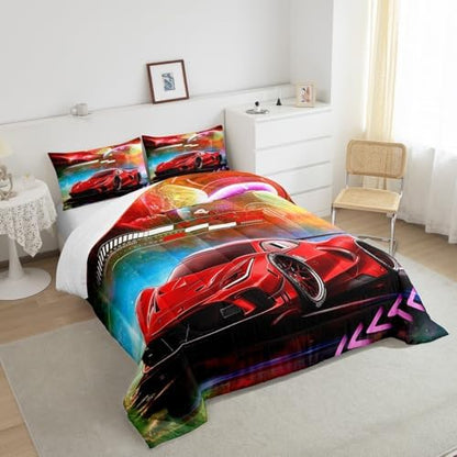 Feelyou Red Race Car Bedding Set - Twin Size Kids Boys Extreme Sports Car Comforter Set Decorations Teens Toddler Galaxy Planet Duvet Set Cool Modern Quilt Set 2Pcs