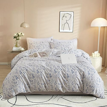 VM VOUGEMARKET 3 Pieces Blue Flower Duvet Cover Set Twin Cottagecore Botanical Duvet Cover with 2 Pillowcases 100% Cotton Leaves Bedding Set Vintage Garden Style for Teen Girls-68 X86
