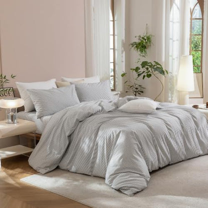 JIYUAN Queen Washed Cotton Duvet Cover Set, 3-Piece, Linen-Like Pinstripe