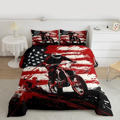 Feelyou Motocross Bedding Set Soft for Boys Girls,American Flag Pattern Comforter Set Queen Dirt Bike Duvet Quilt Red Splatter Elements Bedroom Decor Motorbike 3 Pcs with 2 Pillow Cases