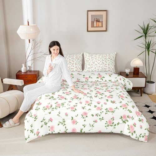 jejeloiu Pink Rose Flower Kids Comforter Set Toddler Size Cute Floral Bedding Set Botanical Duvet Quilt for Kids Boys Girls Bedroom Blossom Flowers Pattern Decor Microfiber Ultra Soft Breathable