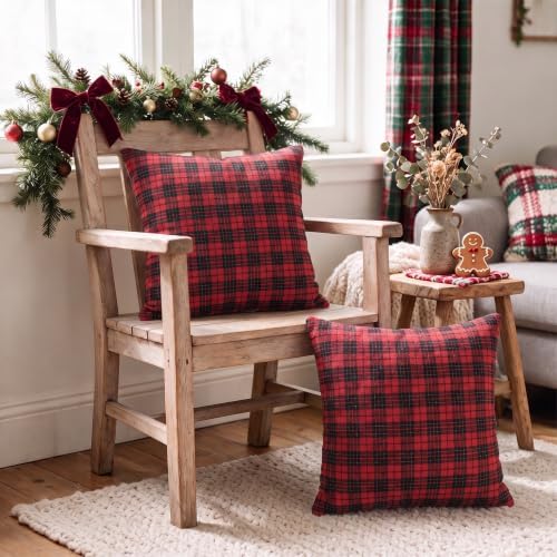 AVOIN colorlife Christmas Red Black Plaid Decorative Throw Pillow Covers, 18 x 18 Inch Holiday Scottish Tartan Cushion Case Farmhouse Decoration for Sofa Couch Set of 2