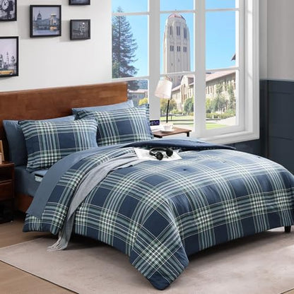 Plaid Twin XL Comforter Set Midnight Blue 5 Pieces Bed in a Bag for Dorm