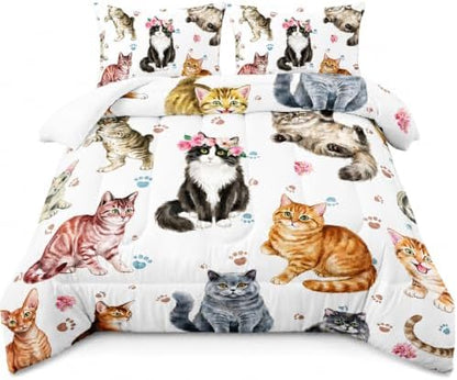 AILONEN Watercolor Cat Print Bedding Set Full Size with Cats and Footprints Comforter for Boys Girls,Group of Cute Cats Soft Breathable White Tint Duvet,2 Pillowcases