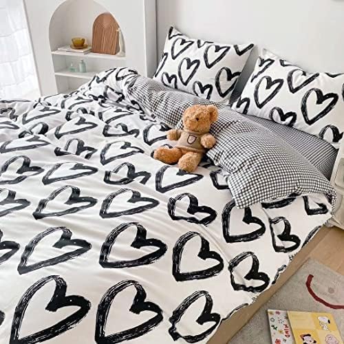 Wellboo Love Comforter Sets Full Black and White Bedding Comforters Cotton Women Girls Heart Shaped Bed Quilts Brush Ink Love Pattern Quilts Adults Girls Modern Kawaii Black White Dorm Comforters
