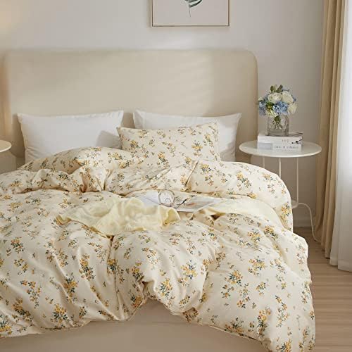 VM VOUGEMARKET Yellow Floral Duvet Cover Full 3 Pieces Cotton Girls Cottagecore Bedding Set,Rose Flower Comforter Cover with Zipper Closure,Vintage Country Bedding 80x90 Inch