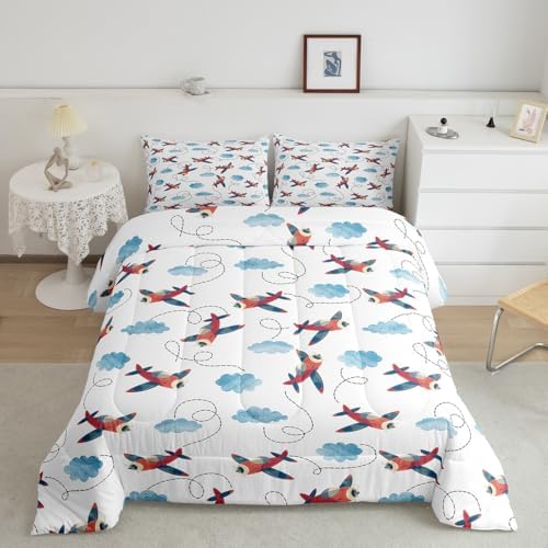 Boys Airplane Comforter Set Twin Size,Vintage Watercolor Airplane Bedding Set for Kids Space Room Decor,Cartoon Bedding Aircraft Blue Clouds Comforters Soft Lightweight Bedding Quilted 1 Pillow Case