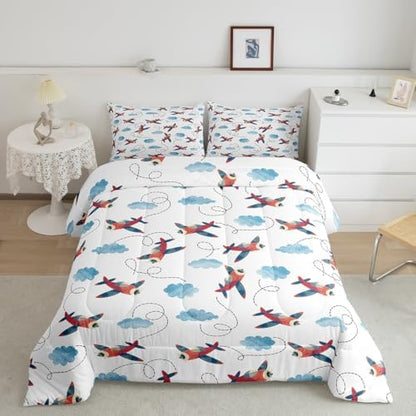 Boys Airplane Comforter Set Twin Size,Vintage Watercolor Airplane Bedding Set for Kids Space Room Decor,Cartoon Bedding Aircraft Blue Clouds Comforters Soft Lightweight Bedding Quilted 1 Pillow Case