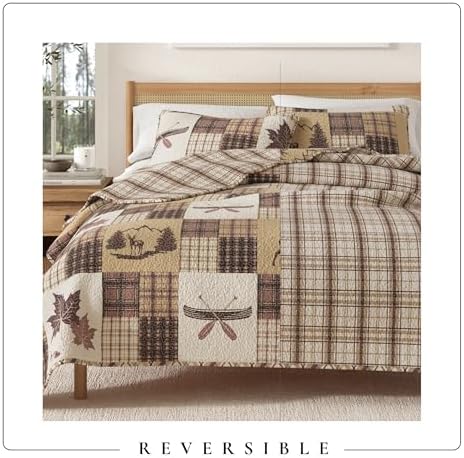 Great Bay Home Lodge Quilt Set - 3-Piece King/California King Size Rustic Bedding Set - Lightweight, All-Season, Reversible Bedspread (Deer & Leaf Patchwork)