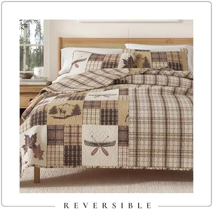 Great Bay Home Lodge Quilt Set - 3-Piece King/California King Size Rustic Bedding Set - Lightweight, All-Season, Reversible Bedspread (Deer & Leaf Patchwork)