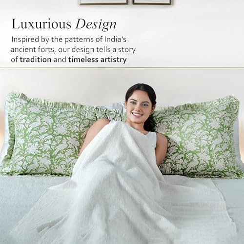 CPC Block Print Olive Green Ruffle Cotton Lumbar Pillow Cover 20x54 inch