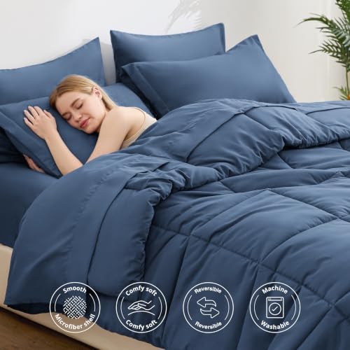 Love's cabin Twin Comforter Set Indigo Blue, 5 Pieces Twin Bed in a Bag, All Season Bedding Sets with 1 Comforter, 1 Flat Sheet, 1 Fitted Sheet, 1 Pillowcase and 1 Pillow Sham