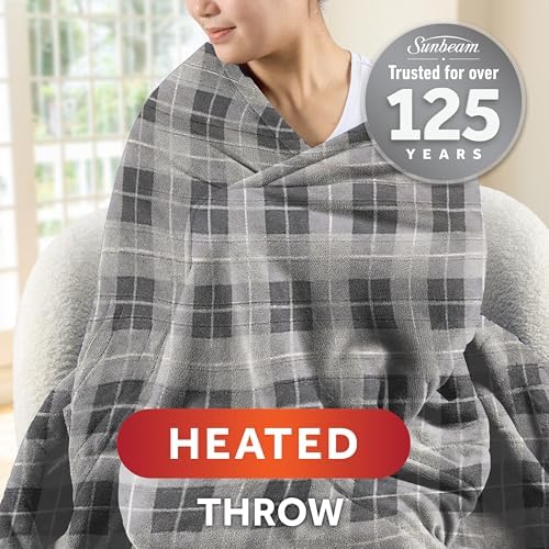 Sunbeam Electric Throw Royal Luxe Microplush Heated Blanket, 4 Heat Settings, 4-Hour Auto Shut-Off, Fast Heating, Warm and Cozy, Grey Rodeen Plaid, 50" x 60"