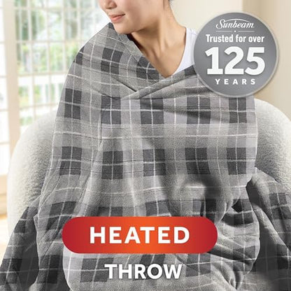 Sunbeam Electric Throw Royal Luxe Microplush Heated Blanket, 4 Heat Settings, 4-Hour Auto Shut-Off, Fast Heating, Warm and Cozy, Grey Rodeen Plaid, 50" x 60"