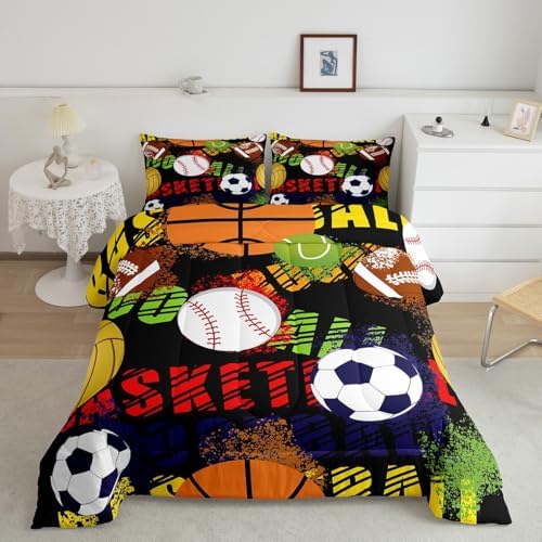 Ball Sports Games Bedding Set King Size Football Basketball Rugby Comforter for Child Teens Boys Colorful Tie Dye Graffiti Down Comforter Bedroom Decor Geometric Duvet Insert with 2 Pillowcases