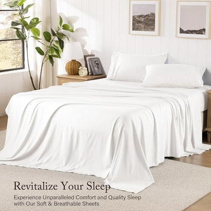 ROSE&RISY White King Sheet Set, Pre-Washed Cotton-Like Brushed Microfiber, 4 Pcs Super Soft Breathable Cooling Bed Sets,Includes 1 Fitted, 1 Flat, 2 Pillowcases (White, King)