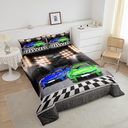 Feelyou Sports Car Comforter Twin Size Decor Green Blue Race Car Comforter Set for Kids Boys Racing Car Bedding Set Extreme Sports Competitive Quilt Set Room Decorations